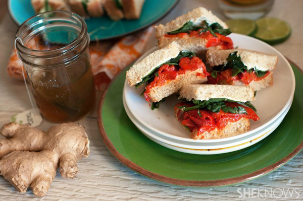 Creamy goat cheese and roasted red pepper tea sandwiches